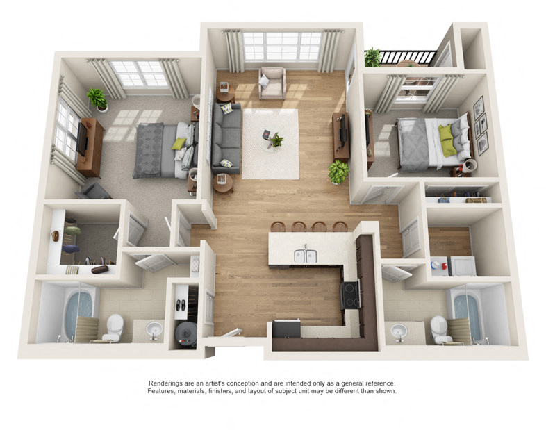 Floor plan for 2 beds, 2 baths, 1090 sqft